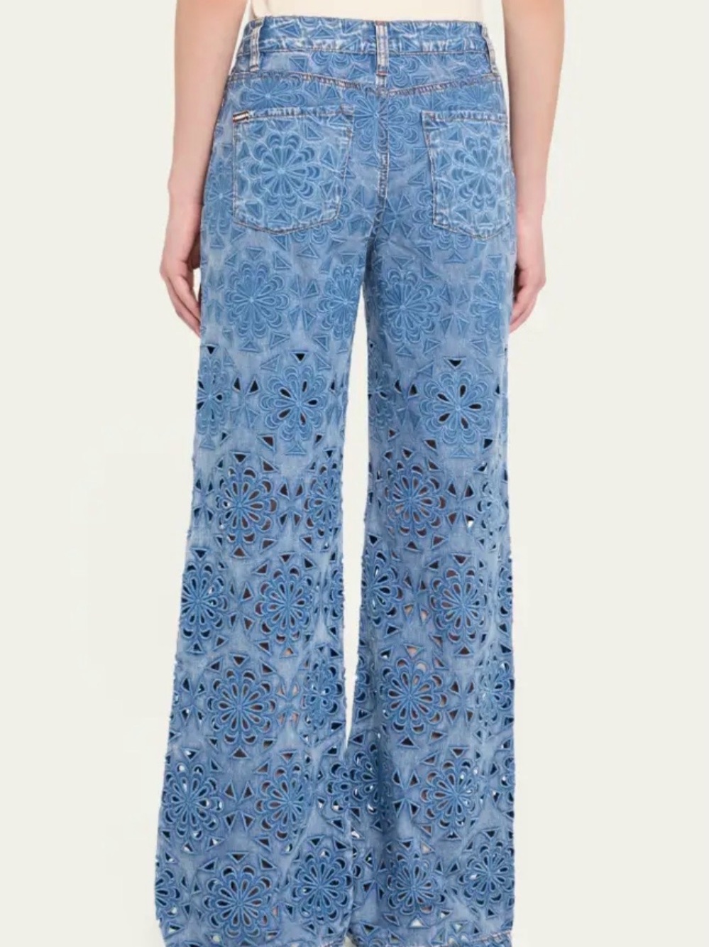 High-Rise Blue Floral Laser-Cut Wide-Leg Jeans - Picture 4 of 10
